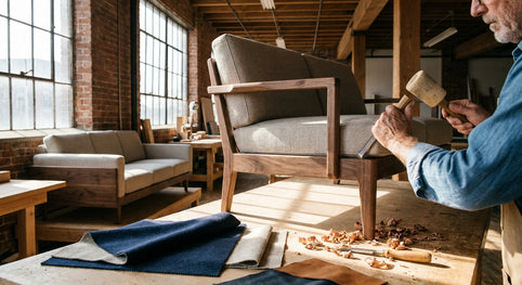 A skilled craftsman works on a modern sofa frame inside a bright, well-equipped American furniture workshop with natural light and quality materials visible throughout.