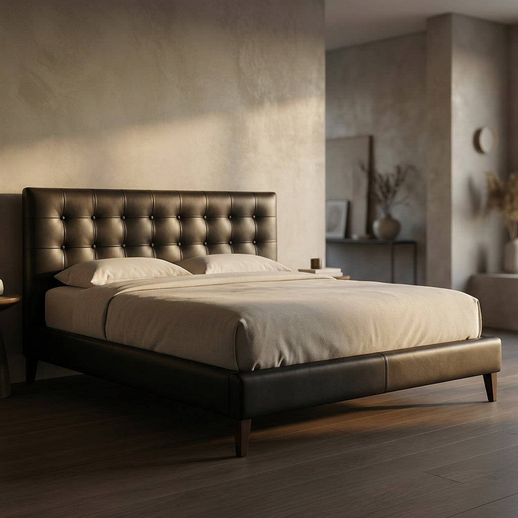 Artistic perspective emphasizing the tufted upholstery and smooth leather surface of the Brooklyn Leather Bed, highlighted by cinematic warm lighting in contemporary setting.