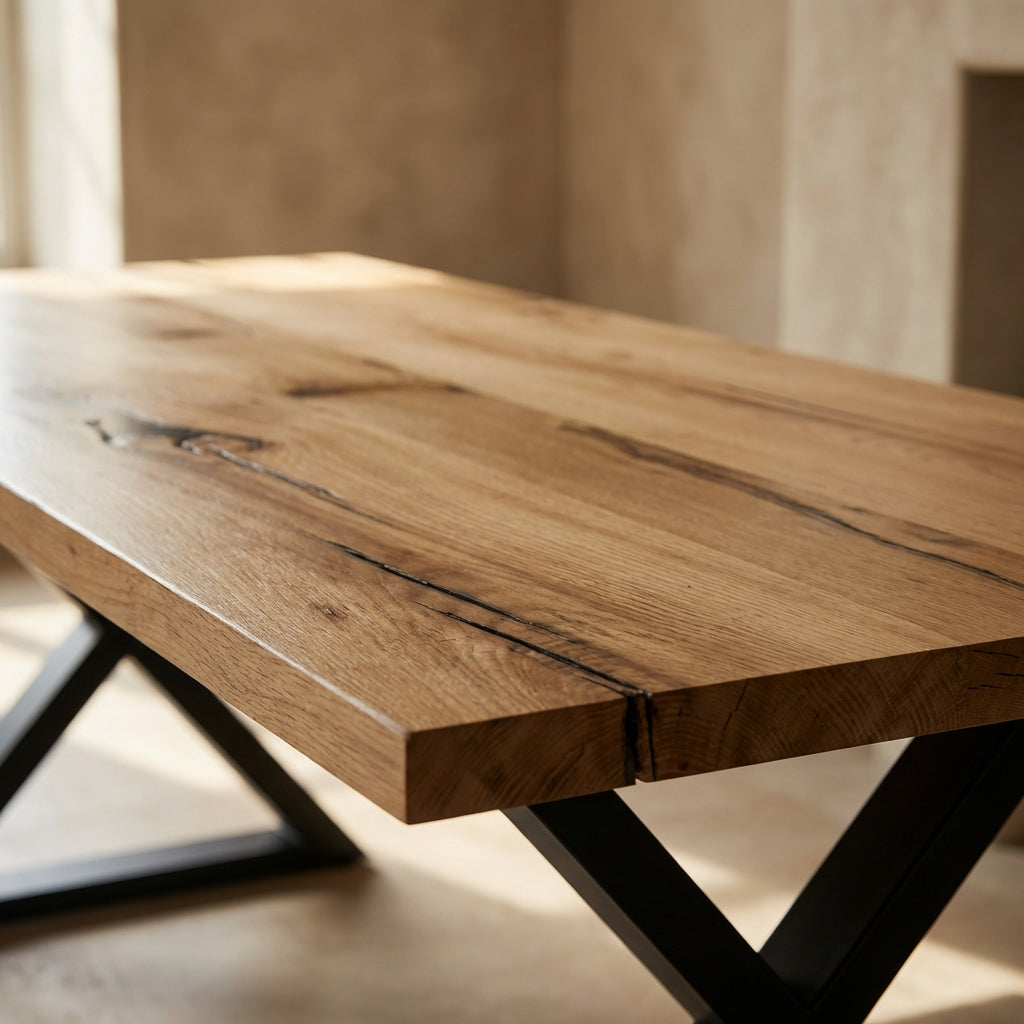 Close-up of Rustic Classic 125' Oak Table highlighting thick tabletop, natural grain, epoxy details, and polished surface in a rustic-modern interior.