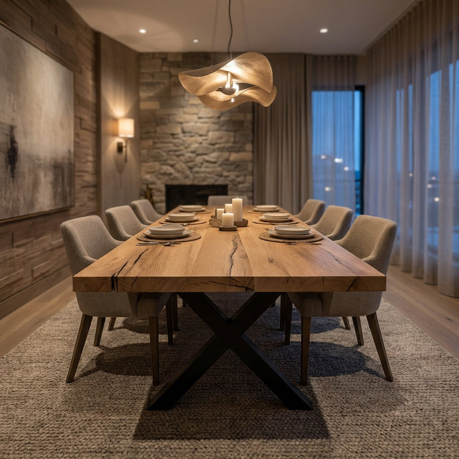 Wide-angle view of the 125' Oak Table in a rustic-modern dining space, emphasizing its size, craftsmanship, and elegant decor.