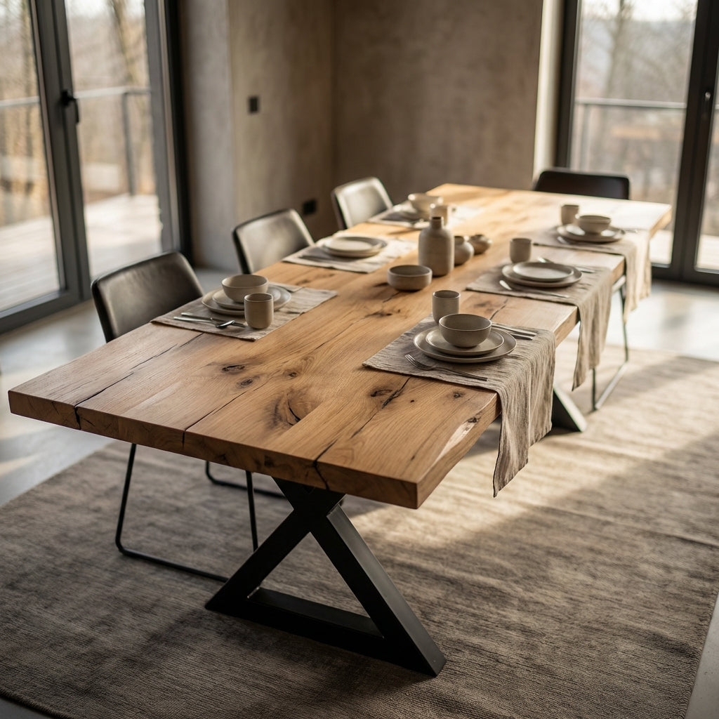 Overhead shot showcasing the expansive 125' Oak Table with natural grain, epoxy details, and subtle rustic decor in a dining setting.
